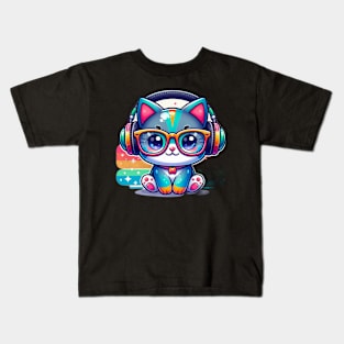 Cute Colorful Cat with glasses and headphone Kids T-Shirt